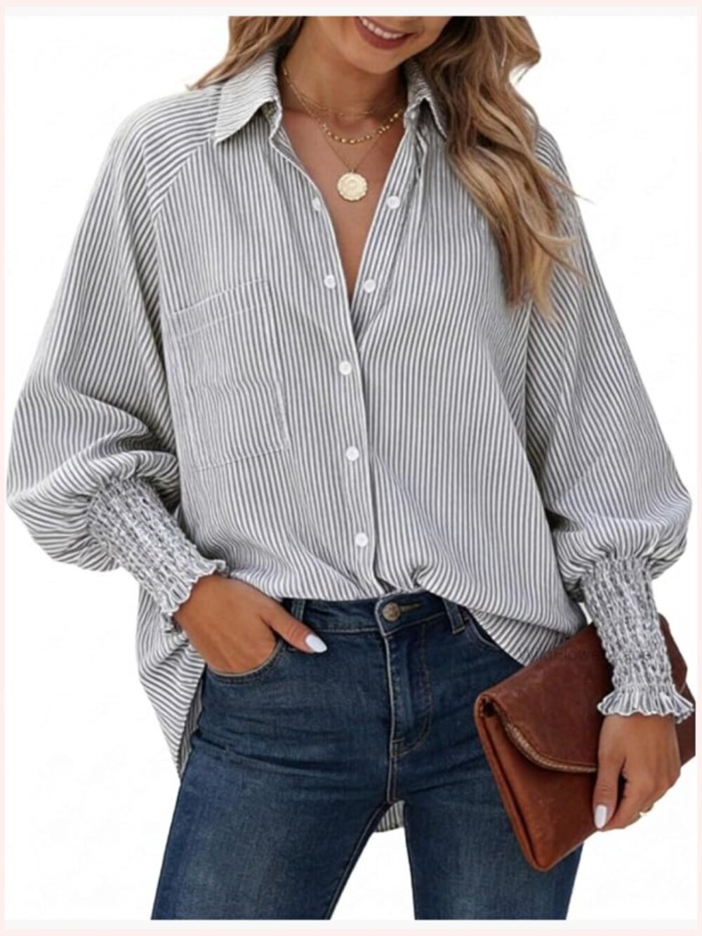 Oversized Button Down Shirt Striped Long Sleeve Smocked Cuffed Casual Blouse